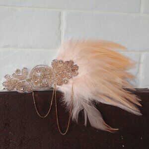 NEW handmade pink feather gold chain crystal beaded headband hair accessory